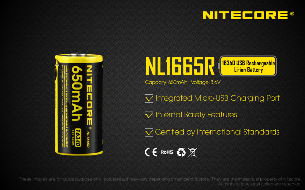 NITECORE Micro-USB 充電対応 16340 リチウムイオンバッテリー 650mAh NL1665R-1