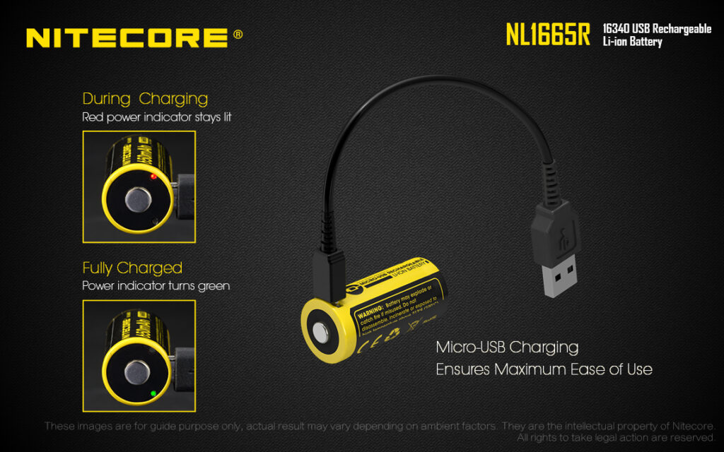 NITECORE Micro-USB 充電対応 16340 リチウムイオンバッテリー 650mAh NL1665R-2